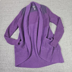 Ibex Women's M Purple Colorblock Merino Wool Open Front Sweater Cardigan Flawed